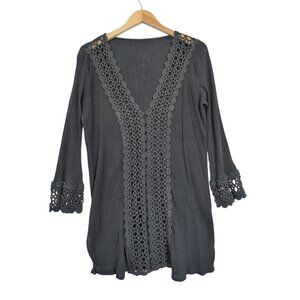 Raviya Swim Tunic Dress Cover Up Womens S Black V-Neck‎ Crochet Detail